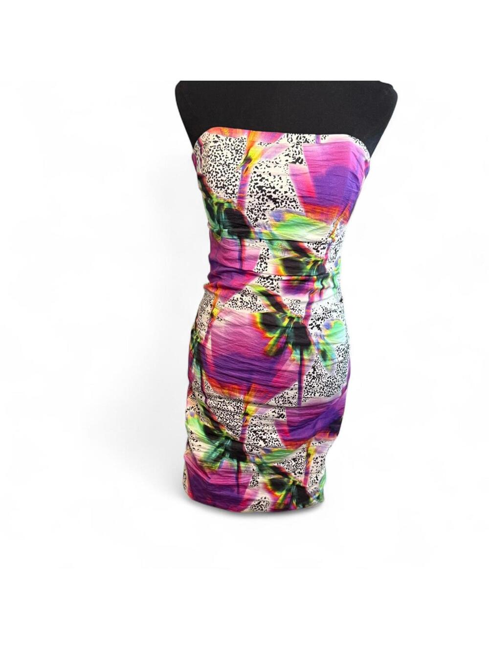 Vintage Nicole Miller Bandeau Ruched Neon Print Dress Size 6